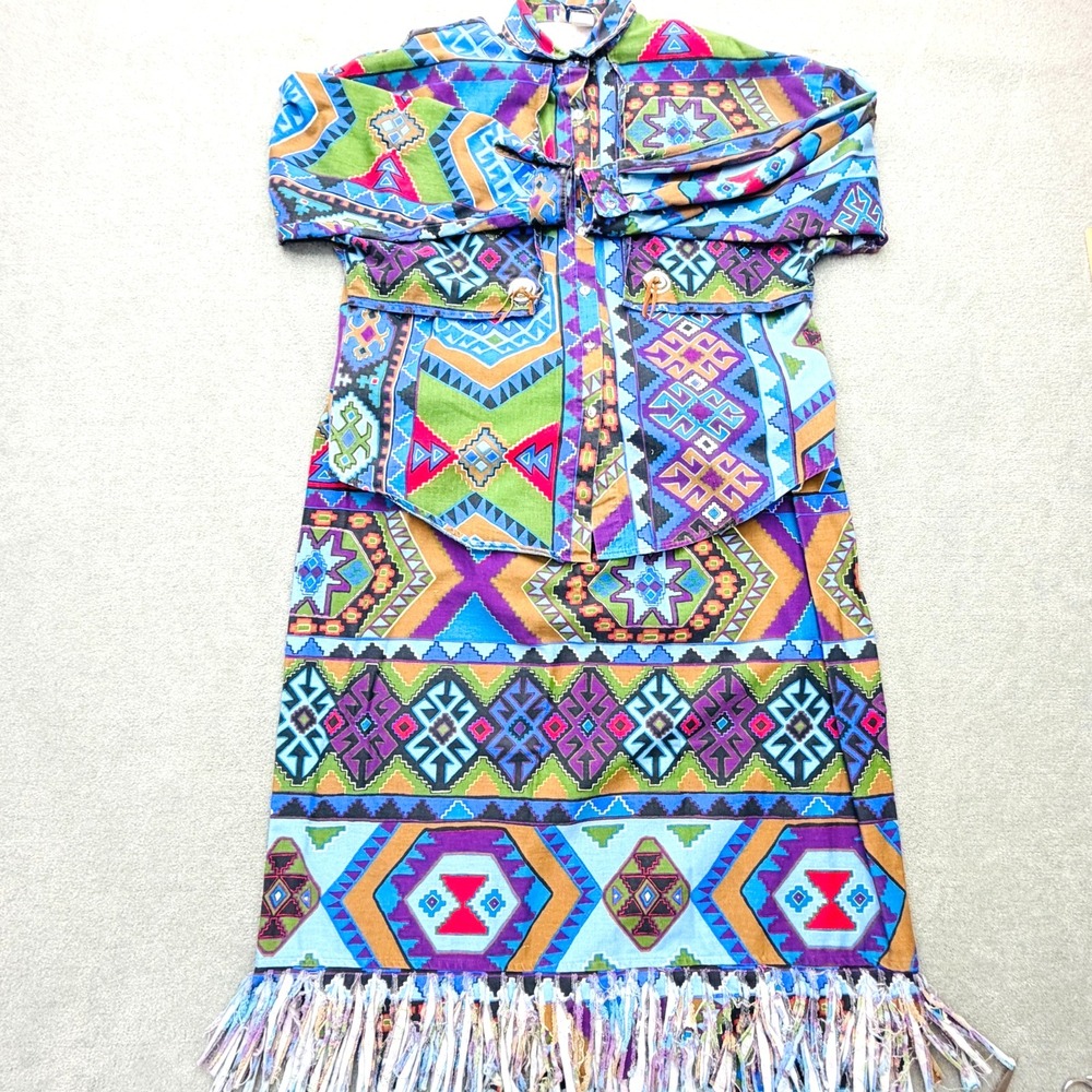 Vtg 90s Circle T Southwest Tribal Aztec Skirt & Button Up Top Set Womens XL Boho